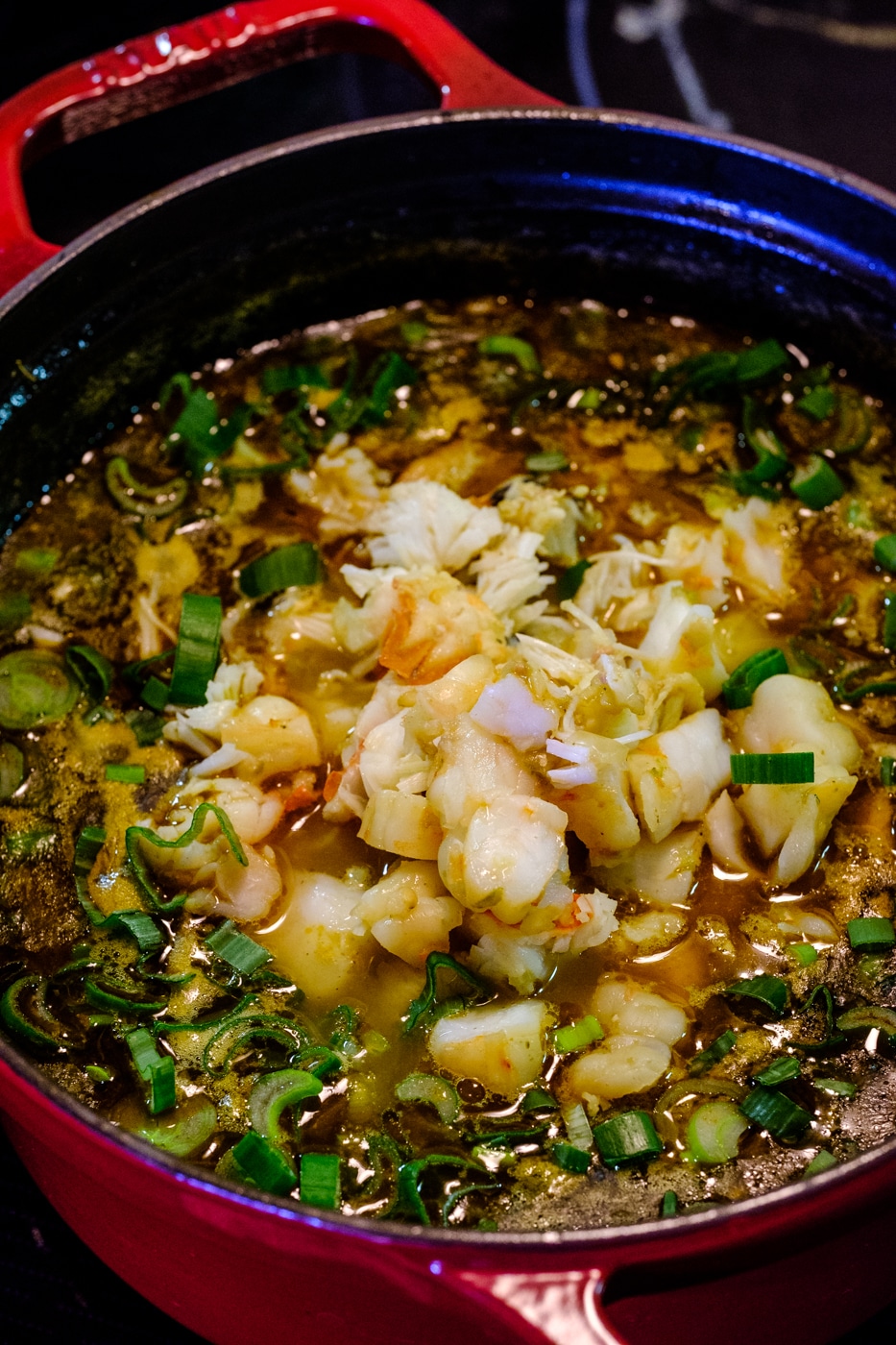 All the ingredients for the gumbo in the bowl.