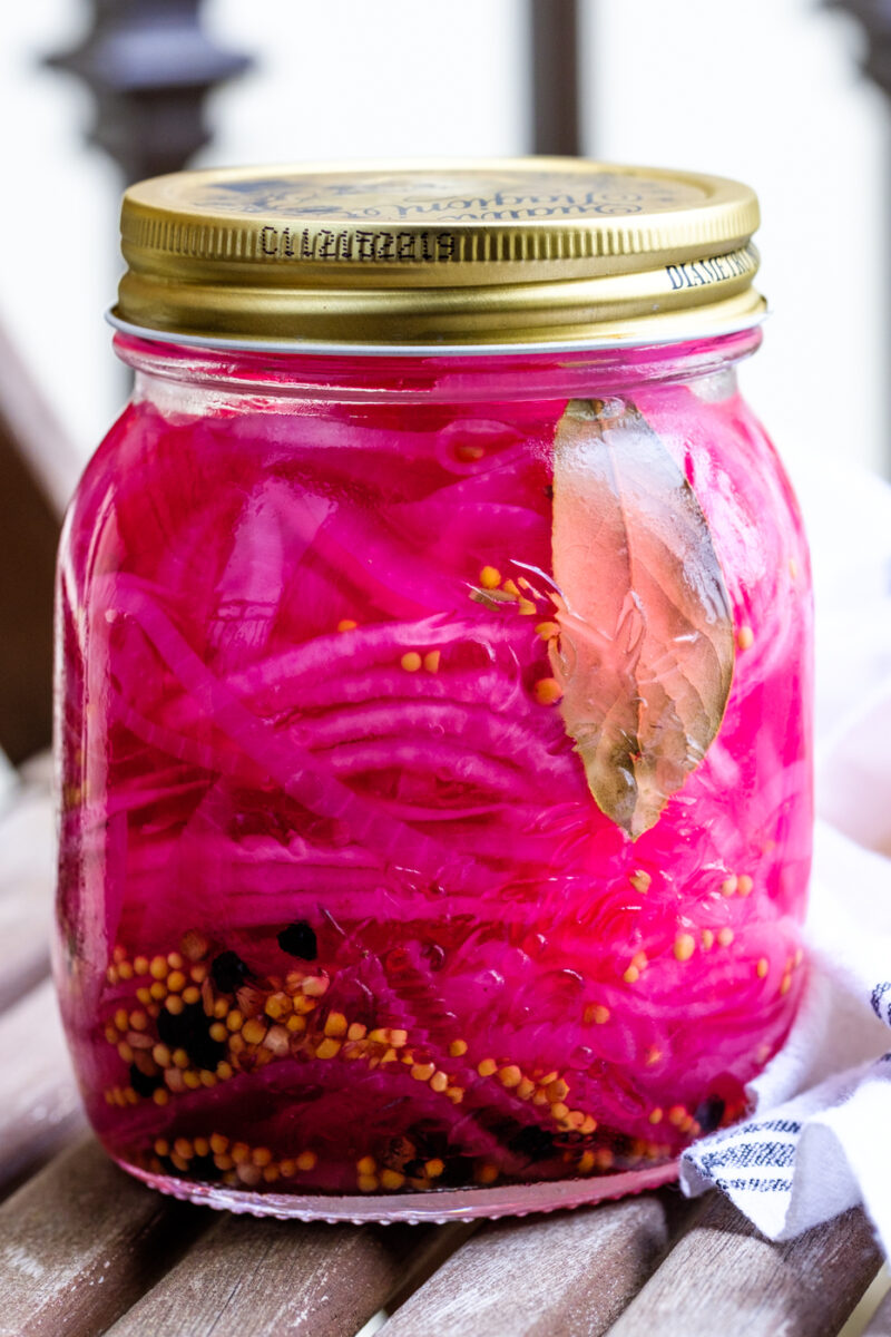 Pickled red onions in a mason jar