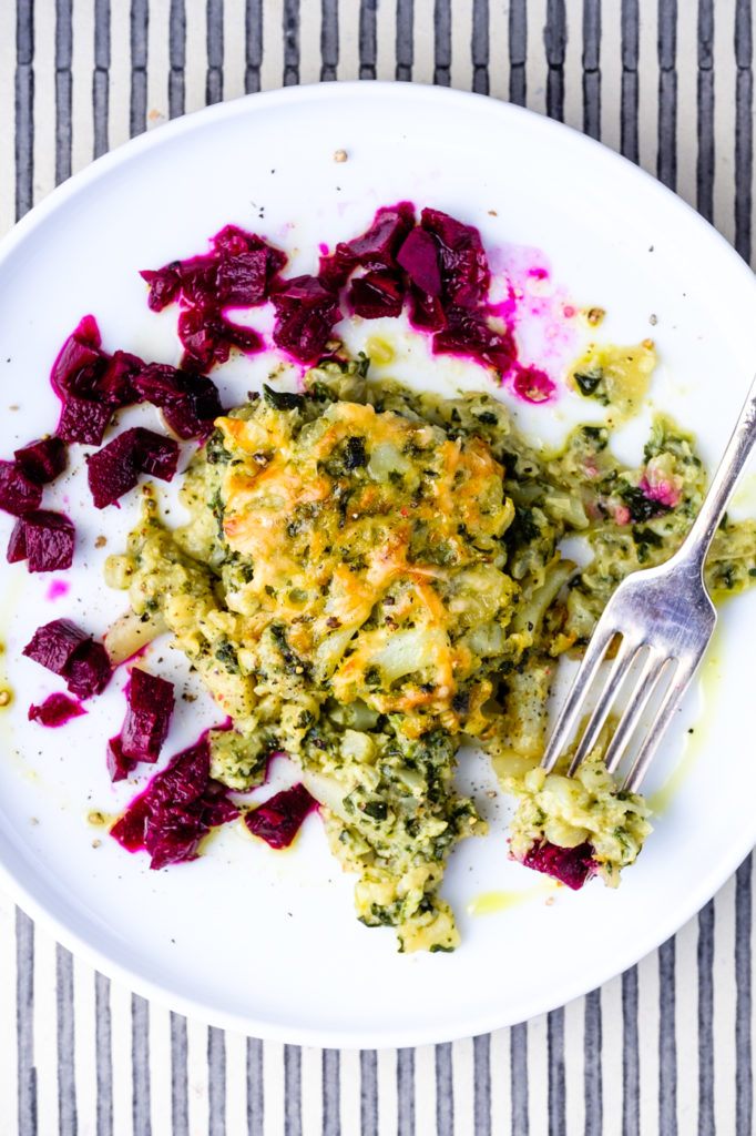 shirataki noodle casserole served on a plate with fermented beets