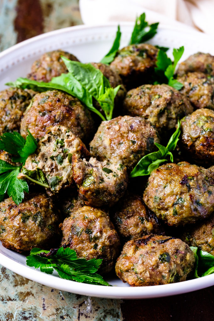 Almost Italian Meatballs with Baked Vegetables and Rhubarb