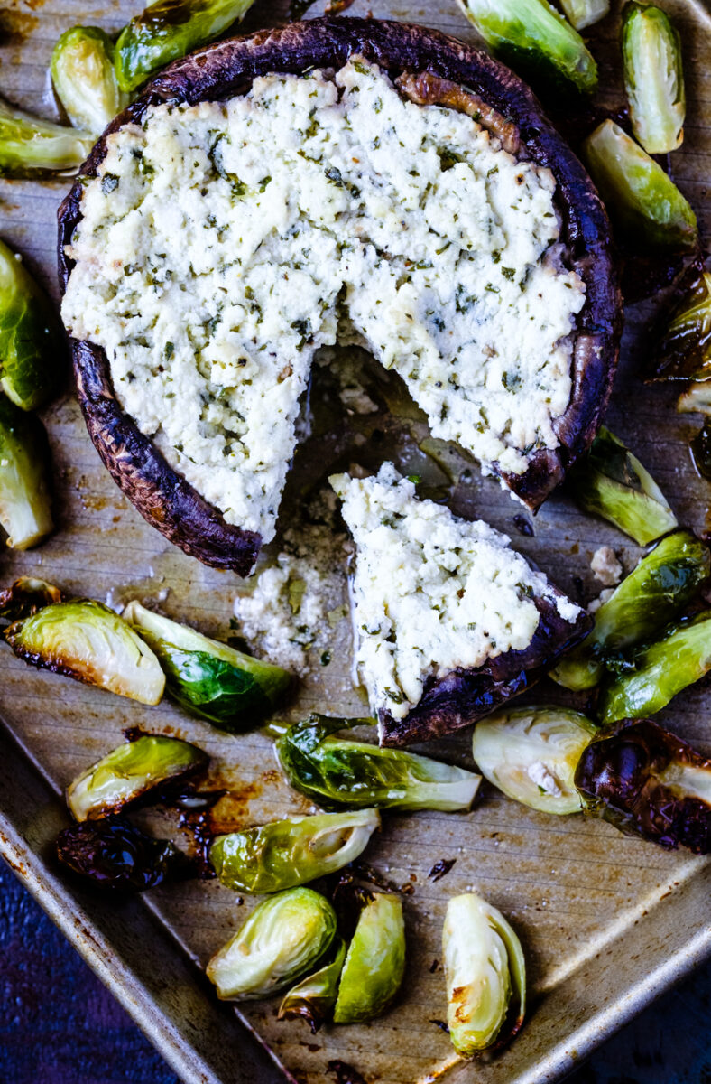 Almond Ricotta Stuffed Portobello with Brussels Sprouts