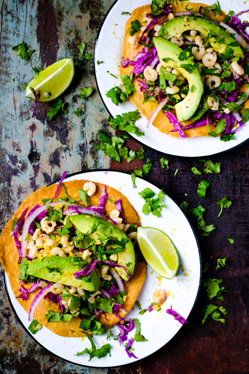 Shrimp Tostadas with Red Cabbage and Avocado