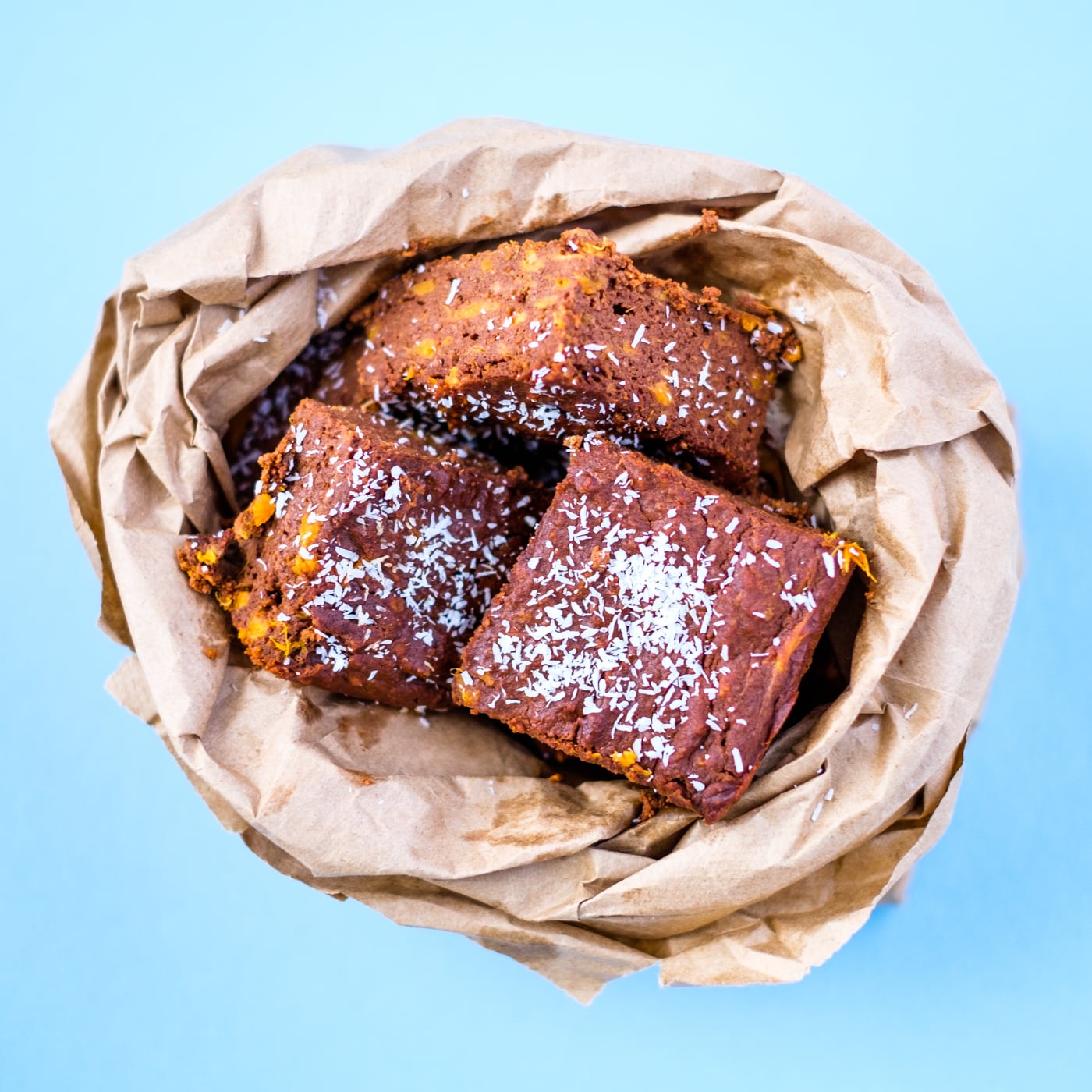 A paper bag with sweet potato brownies