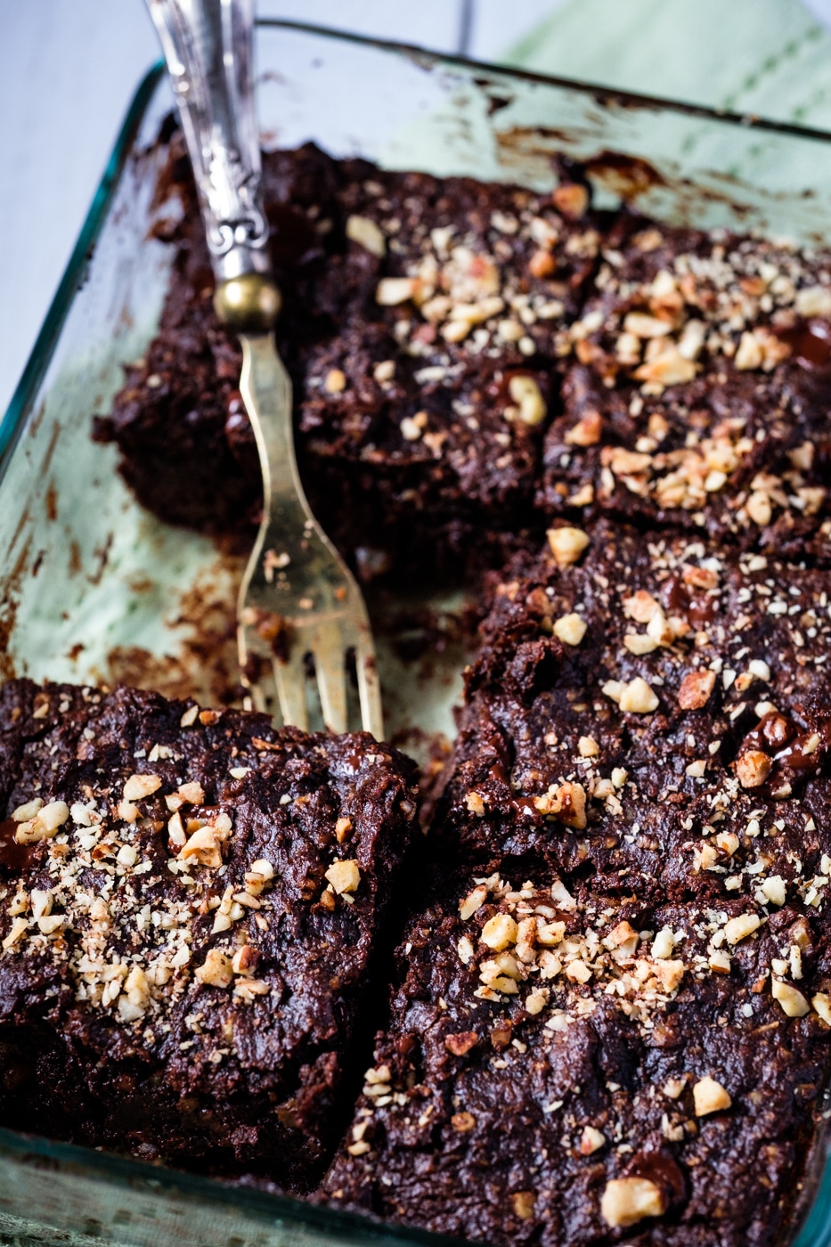 Keto avocado brownies in a baking glass tray