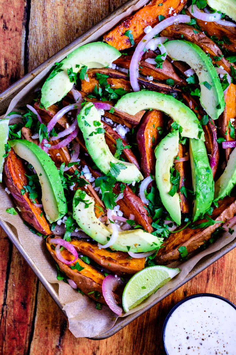 Loaded Sweet Potato Wedges with Avocado and Horseradish Aioli