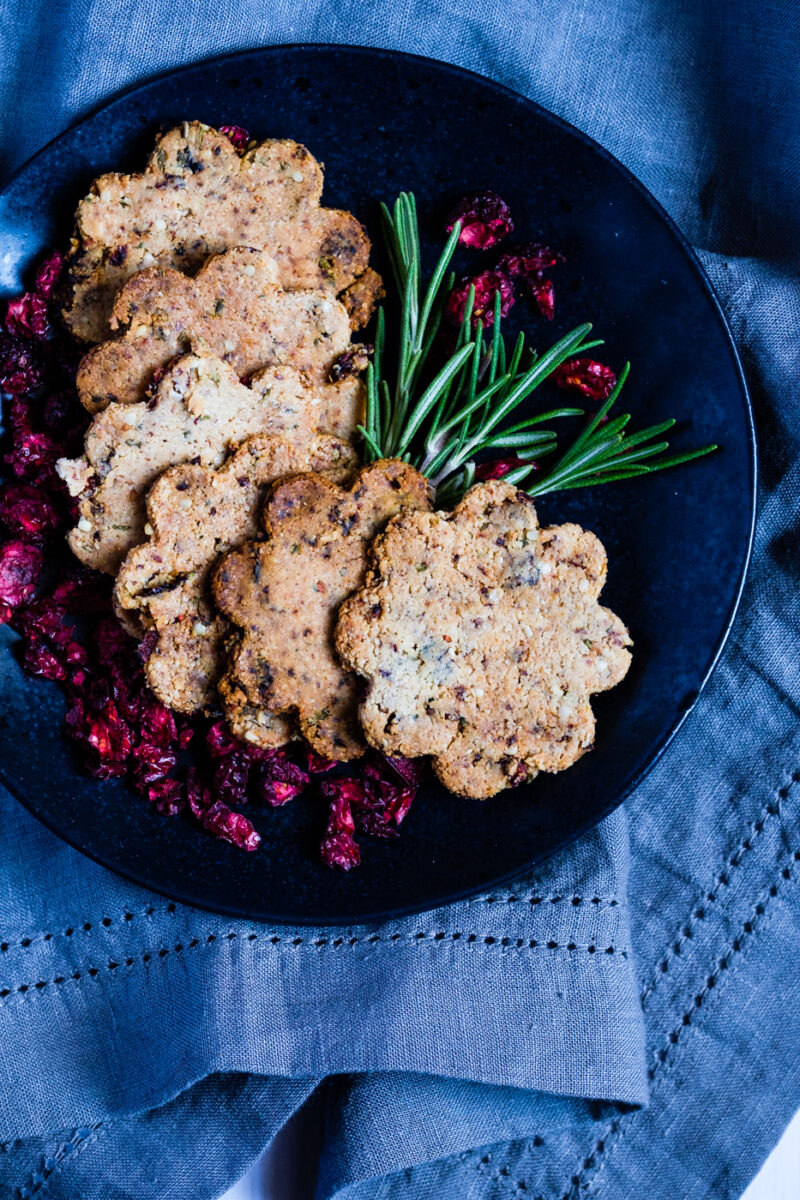 Rosemary Almond Crackers with Cranberries and Hemp Seeds