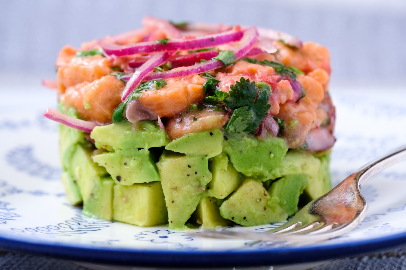 Salmon avocado tartate on a plate