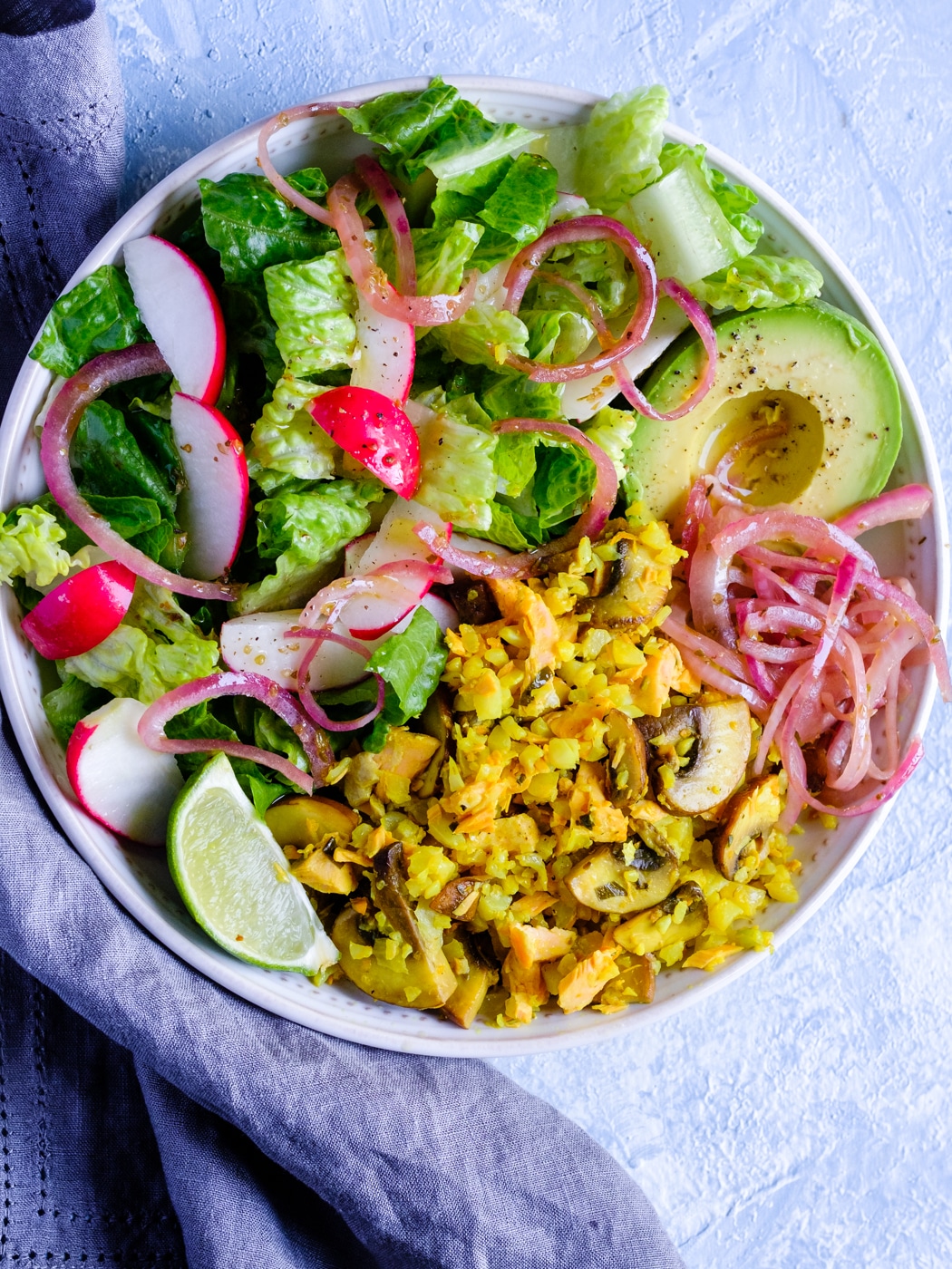 Turmeric Cauliflower Rice with Mushrooms and Salmon