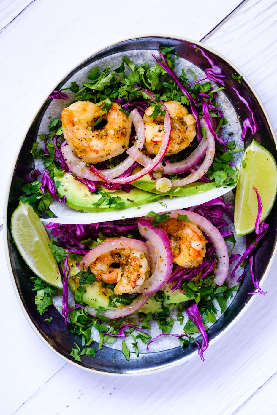 Jicama tortilla shrimp tacos