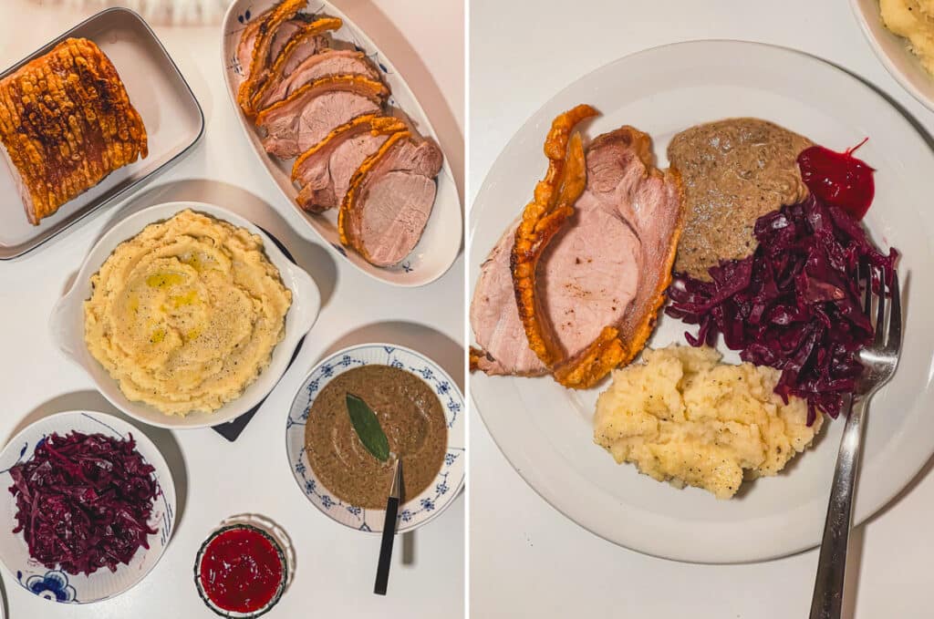 festive dinner spread with braised red cabbage
