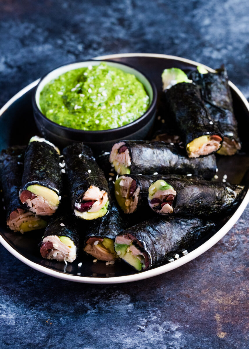 Salmon Avocado Nori Rolls with Almond Cream Cheese