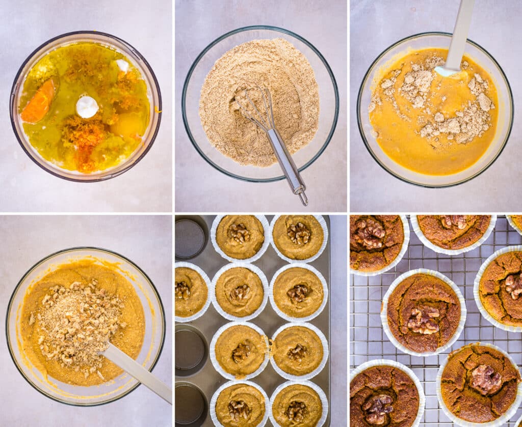 Step-by-step process showing the batter being prepared, muffin liners being filled, and freshly baked muffins cooling on a rack.
