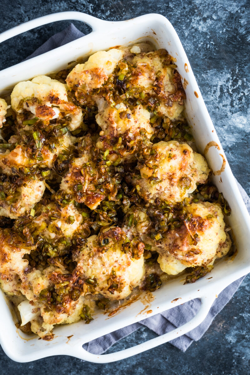 Cauliflower Gratin with Pecans and Caramelized Leeks