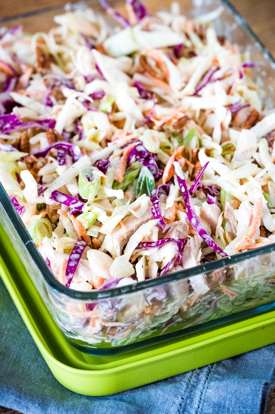 Coleslaw stored in a glass container