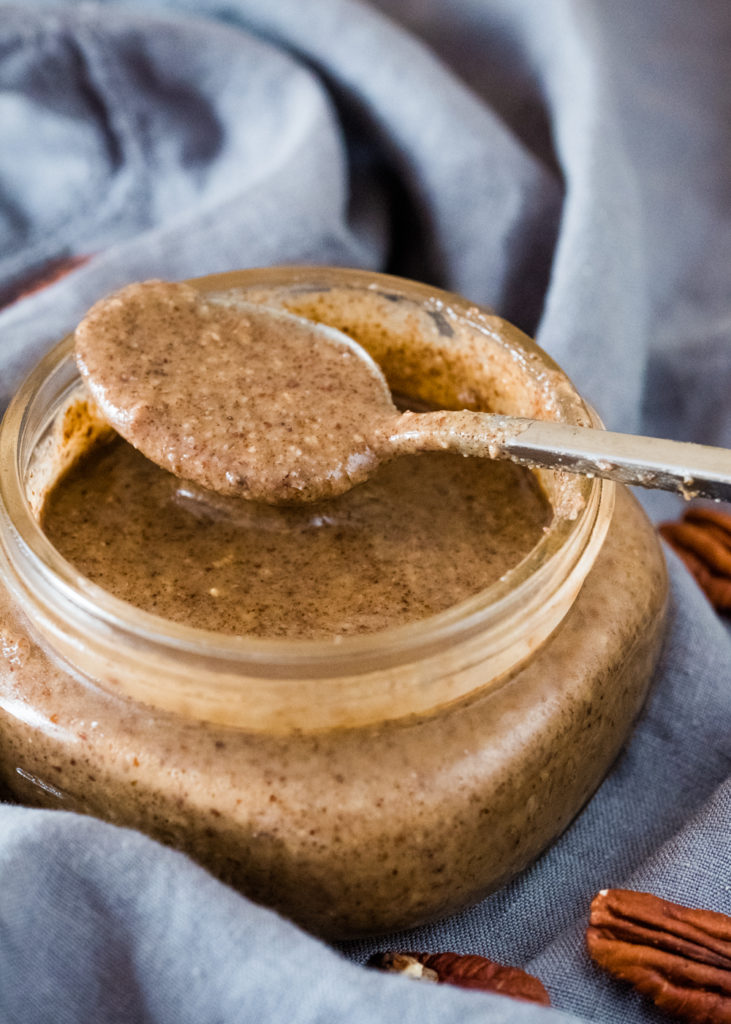 Homemade pecan butter in a jar. It looks delicious.