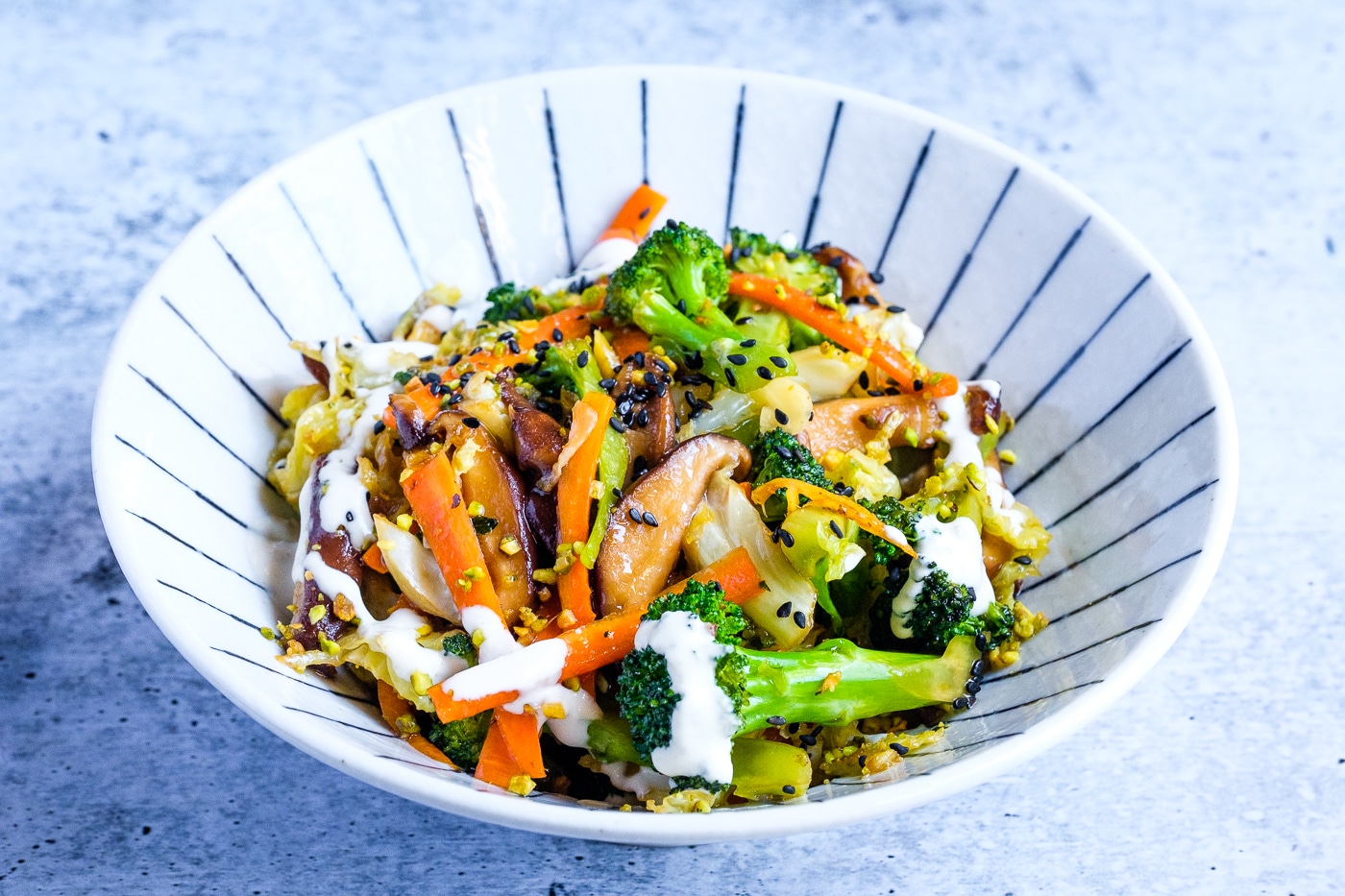 Crunchy Stir-Fry With Tahini Sauce served in a bowl