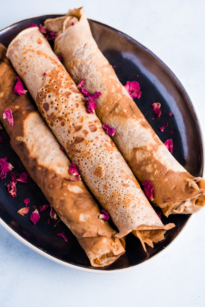 Chestnut Crepes with Rose Water and Wild Blueberries