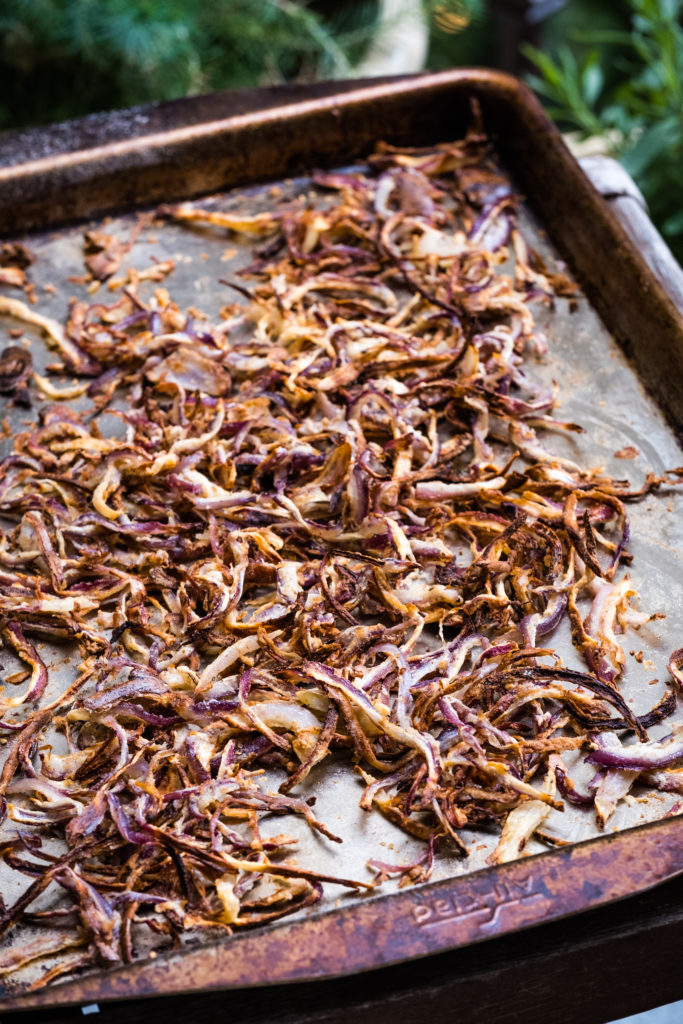 Oven baked crispy onions on pan