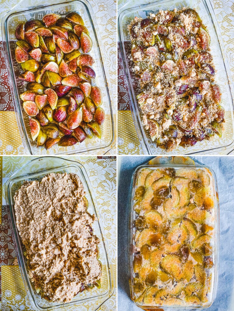 A glass baking dish filled with figs, sprinkled with ground roasted hazelnuts and covered with batter, baked in the oven.