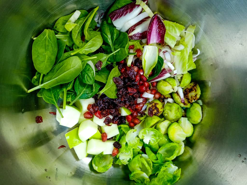 Brussels Sprouts, Baby Spinach & Endive Salad, Green Apple, Cranberries and Pomegranate