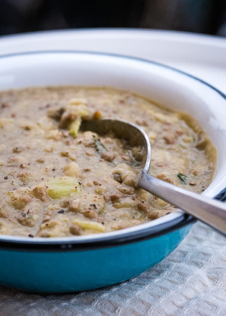creamy lentil soup in a bowl after blending