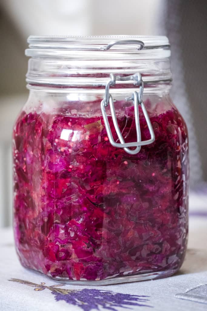 Red cabbage sauerkraut in a jar