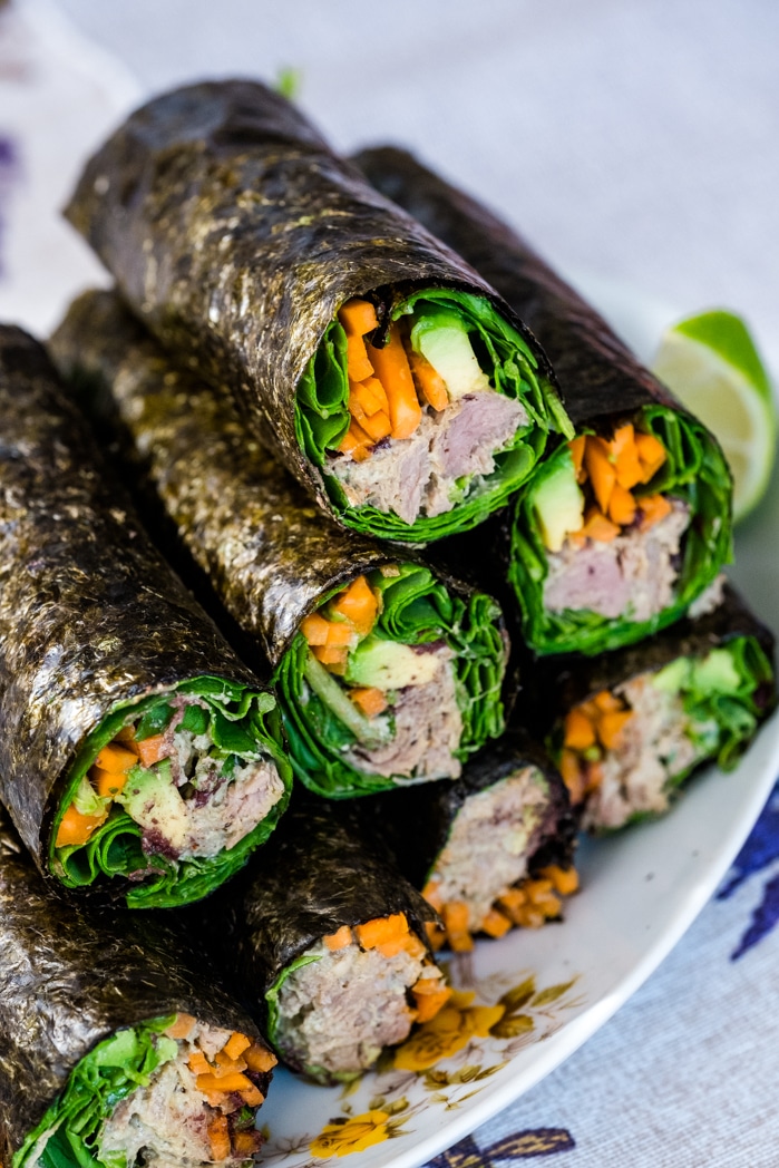 Nori chicken wraps or turkey wraps with avocados, carrots, arugula, and olives 