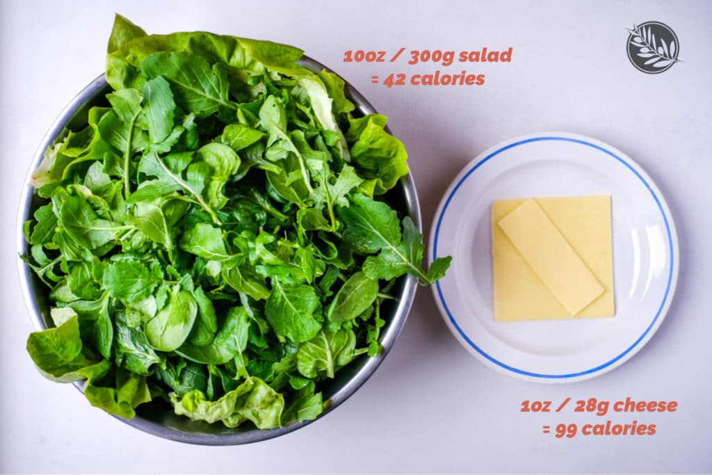 The calories in a bowl of salad being compared to the calories in a plate of cheese