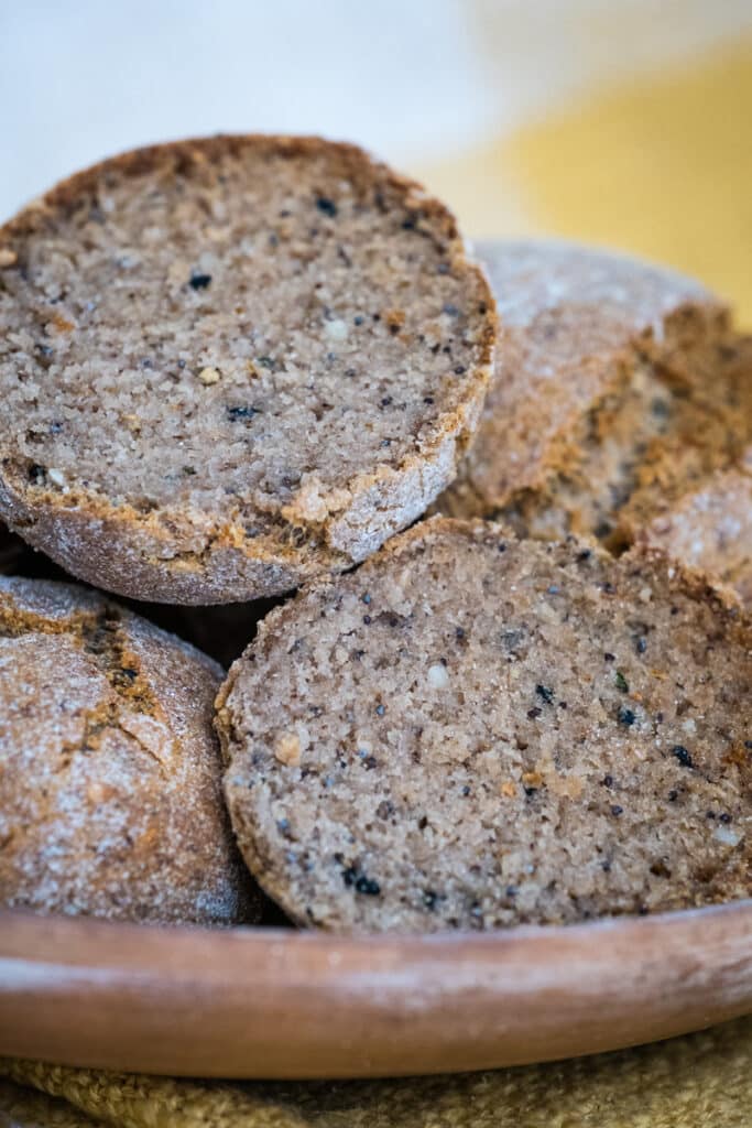 Gluten-free burger buns cut in half