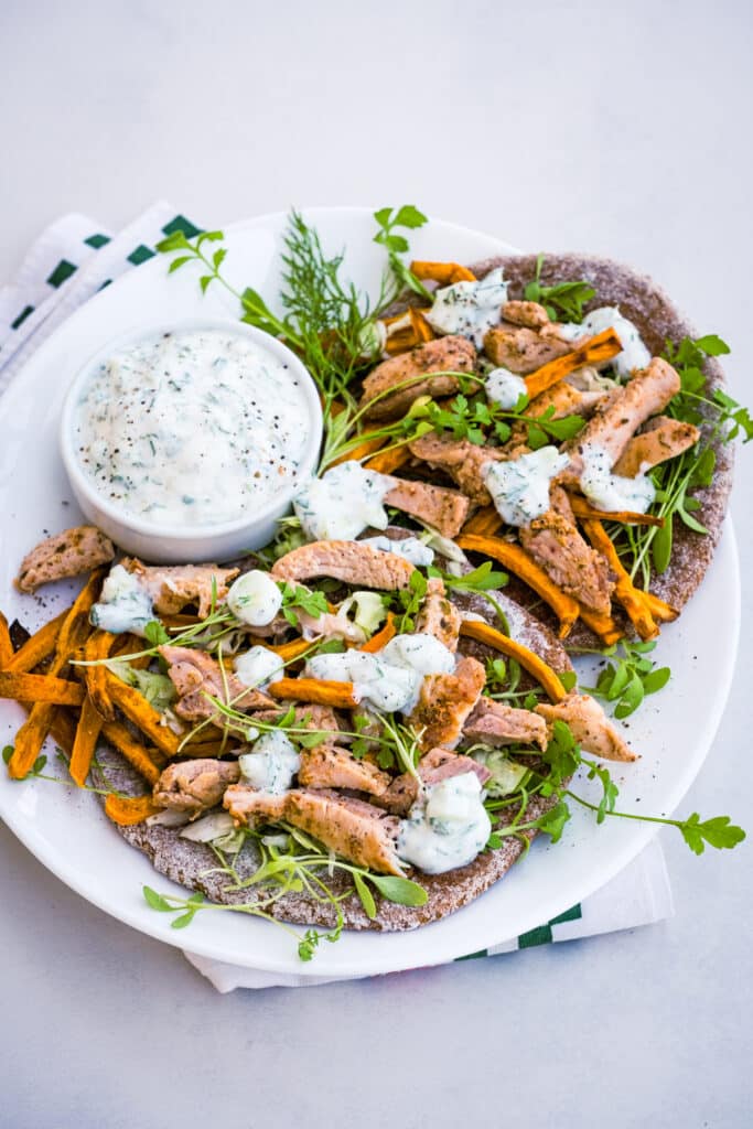 Chicken Gyro Pita Platter served with Tzatziki