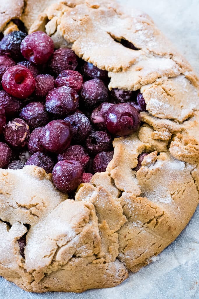 The gluten free cherry galette pie crust is golden brown