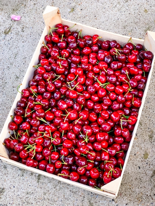 Sweet cherries in a crate