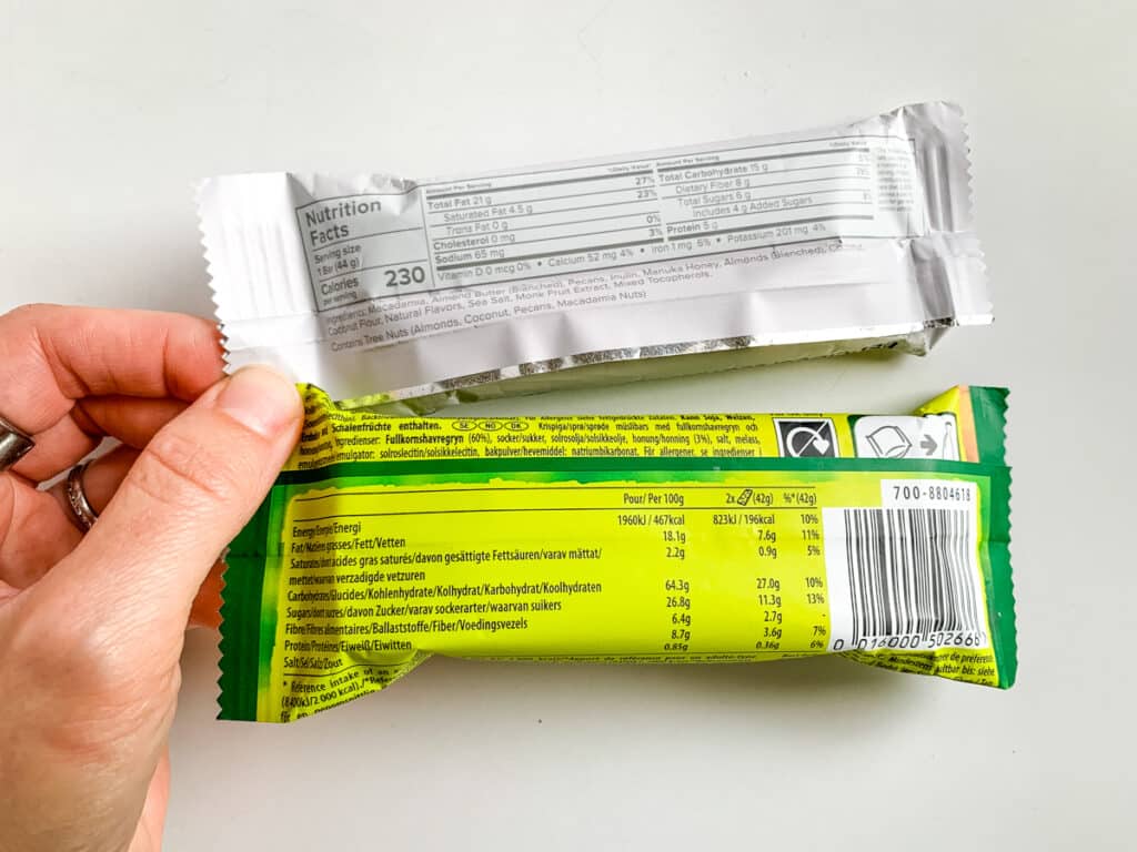 Label comparison between two snack bars marketed as healthy