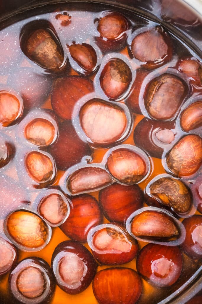 Chestnuts covered with water in the pressure cooker