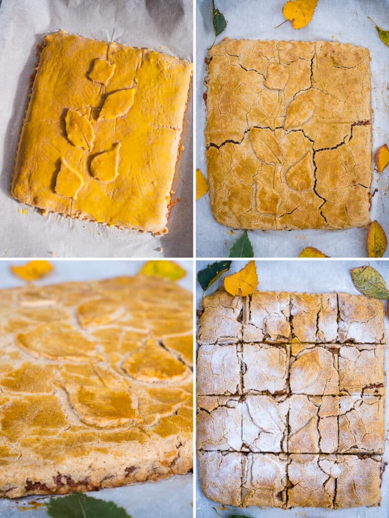 The apple pie cake has been baked and cut into bars
