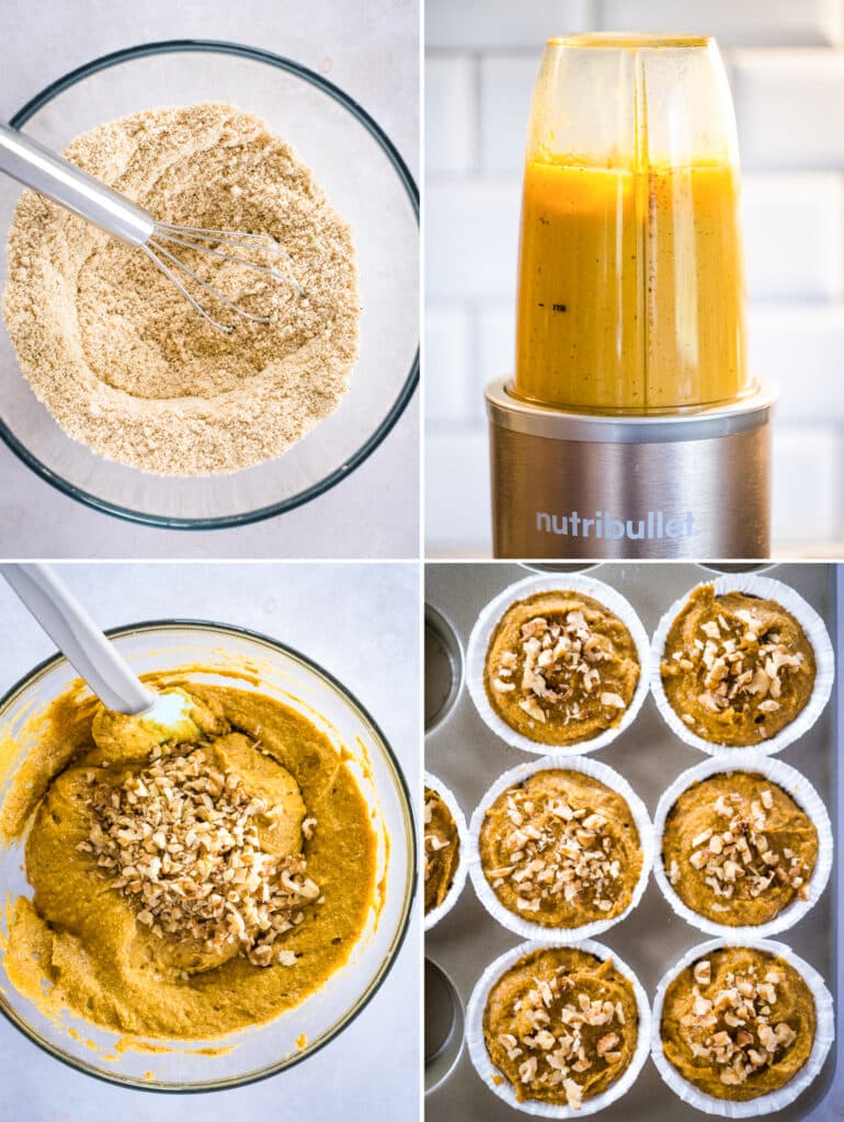 The process of making the muffin batter and filling the muffin liners.
