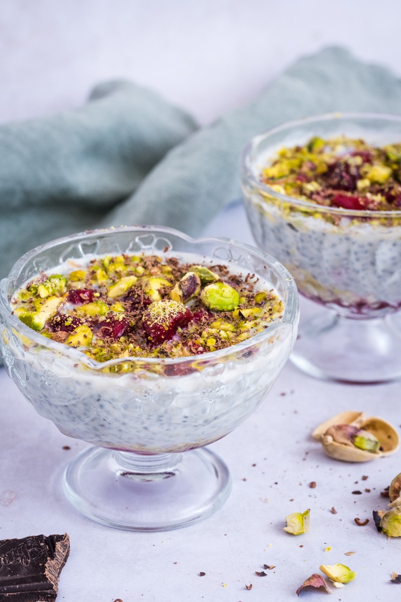 Basil Seed Pudding with Cherries and Pistachios