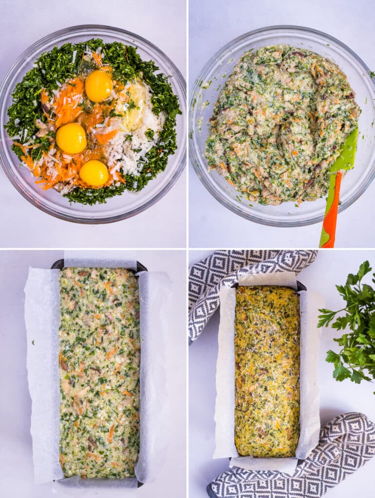 making a fonio loaf collage: mixing ingredients and baking