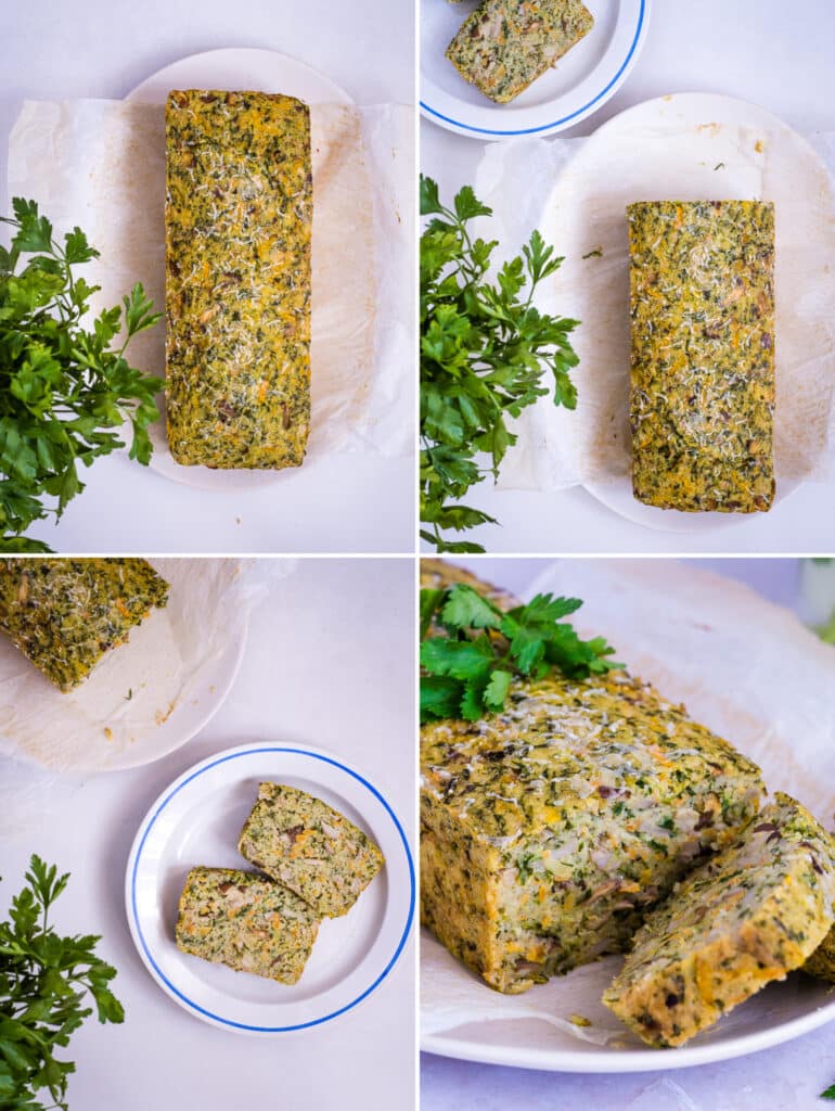 collage of a baked and sliced fonio loaf