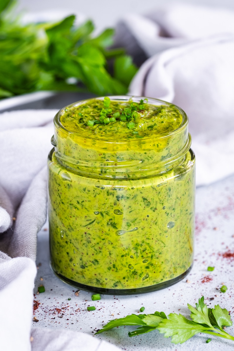 parsley and chives Chimichurri in a jar