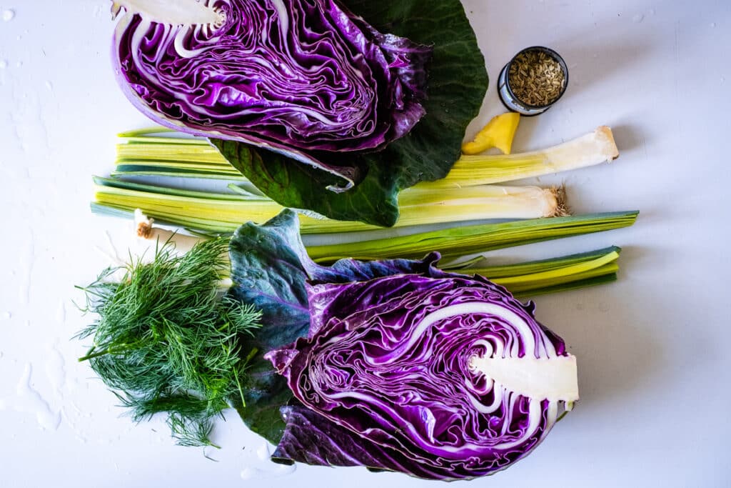 five ingredients: cabbage, leeks, dill, fennel seeds, and ginger