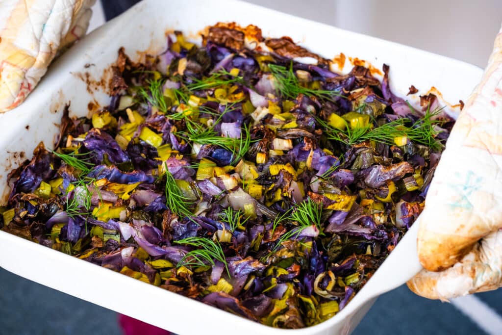 Red cabbage and leeks casserole ready to be served