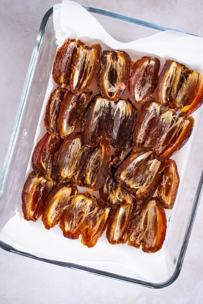 dates with pit removed in a glass tray