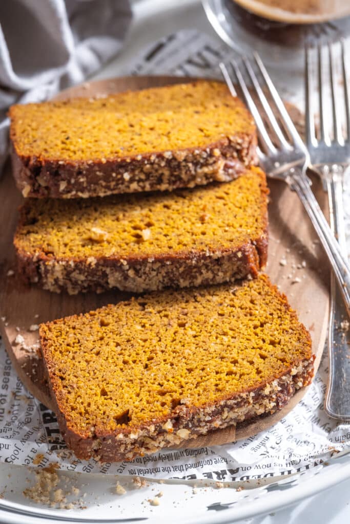 Three slices of gluten-free pumpkin bread
