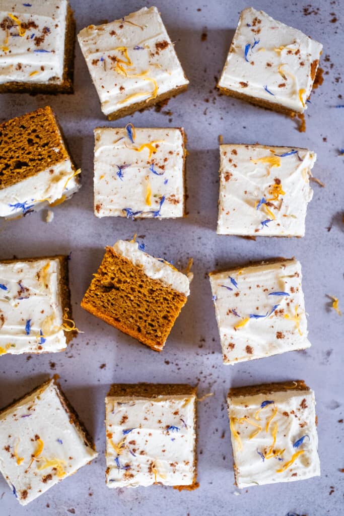gluten free pumpkin bars with mascarpone frosting