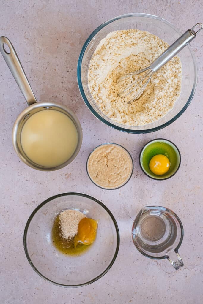 The ingredients needed for the sourdough rolls.