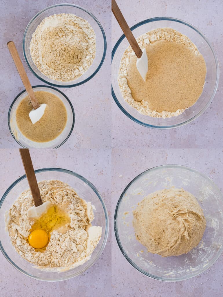The dough-making process begins with mixing wet and dry ingredients.