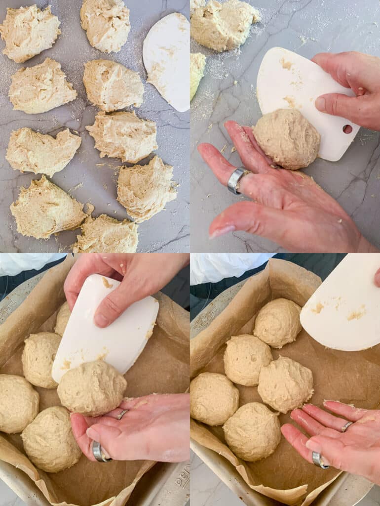 The process of shaping the rolls and placing them in the baking dish.