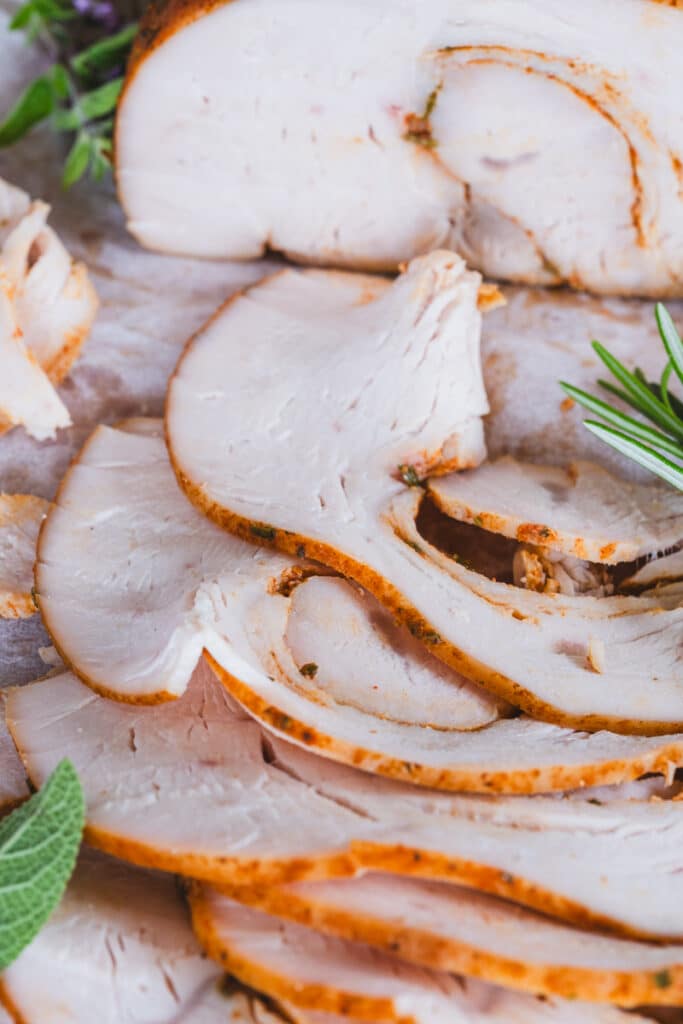 Freshly sliced homemade turkey deli meat.