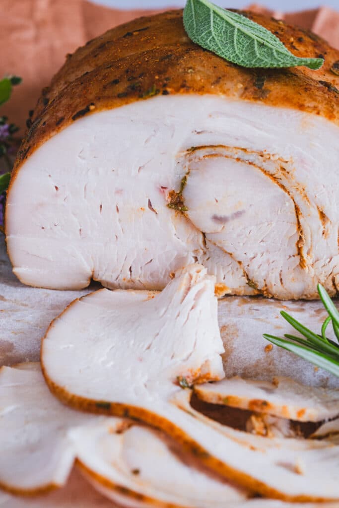 Sliced homemade turkey deli meat.